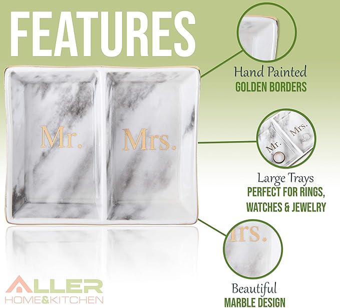 Aller Home & Kitchen Mr. & Mrs. Ring Dish - Marble Design Trinket Dish, Couples Ring Holder Dish - His and Hers Two Section Jewelry Dish Tray, Great for Wedding and Engagement Gifts
