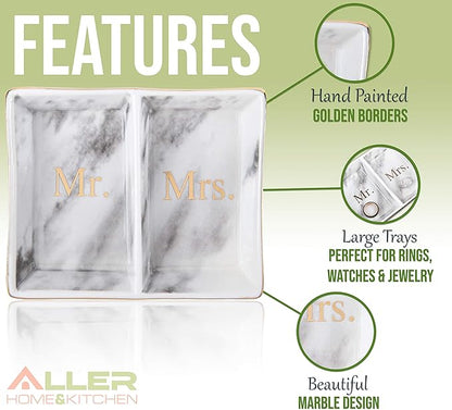 Aller Home & Kitchen Mr. & Mrs. Ring Dish - Marble Design Trinket Dish, Couples Ring Holder Dish - His and Hers Two Section Jewelry Dish Tray, Great for Wedding and Engagement Gifts