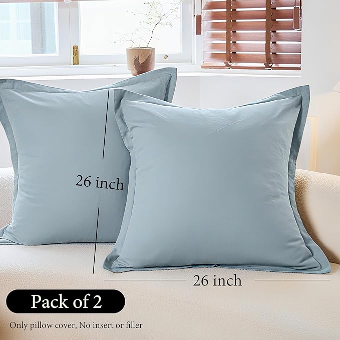 Simple&Opulence Linen Euro Sham Covers Set of 2, 26x26 Decorative Cotton Flax Blend Throw Pillow Cover Farmhouse Pillow Shams for Chair Couch Sofa Bedroom Living Room Home Decor, Dusty Blue