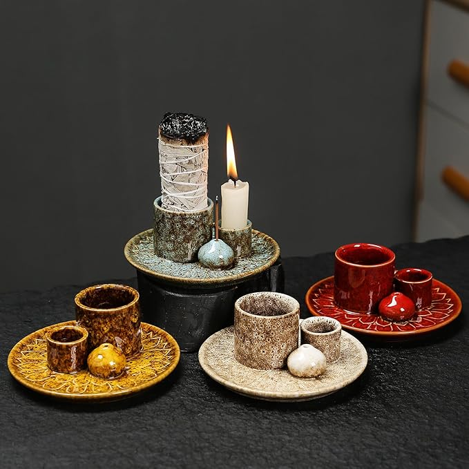 4 in 1 Multifunctional Ceramic Incense and Candle Holder with Ash Catcher Tray Suit for Burning White Sage, Palo Santo Sticks (Khaki)