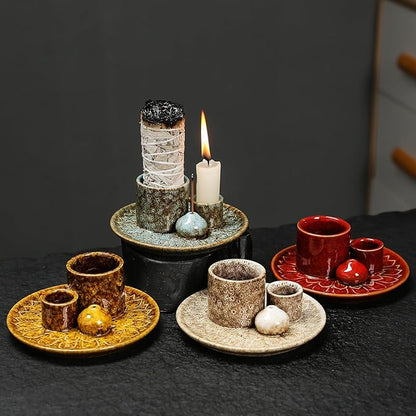 4 in 1 Multifunctional Ceramic Incense and Candle Holder with Ash Catcher Tray Suit for Burning White Sage, Palo Santo Sticks (Khaki)