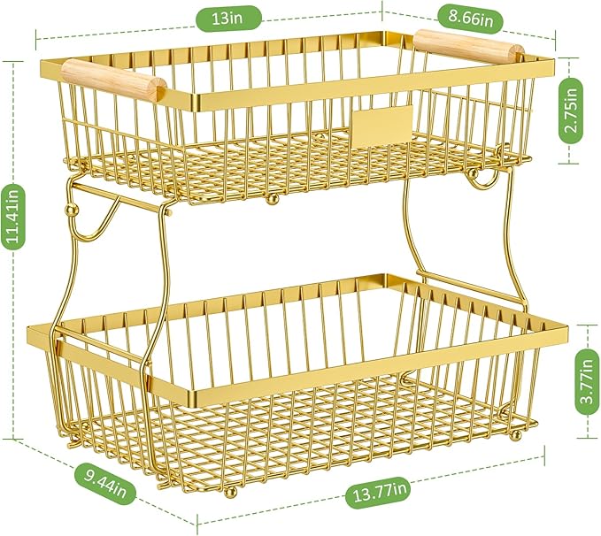 2 Tier Fruit Basket for Kitchen Counter with 2 Banana Hangers, Countertop Metal Fruit Bowl with Wooden Handle, Large Storage Stand for Vegetables, Snacks, Breads, Produce Storage – Gold