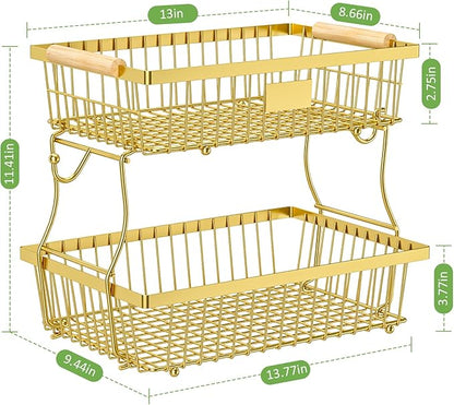 2 Tier Fruit Basket for Kitchen Counter with 2 Banana Hangers, Countertop Metal Fruit Bowl with Wooden Handle, Large Storage Stand for Vegetables, Snacks, Breads, Produce Storage – Gold