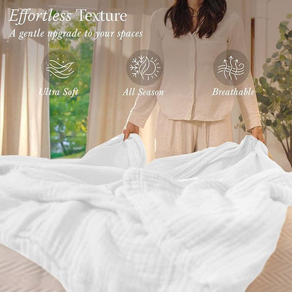 Threadmill Summer Queen Size Blanket| 4 Layer Cotton Gauze | Lightweight, Breathable, and Cozy for All Seasons | Versatile Muslin Blanket for Couch, Bed | White