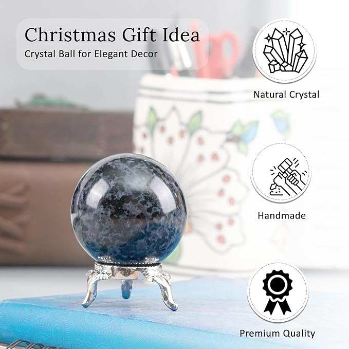 Crocon 45mm Indigo Gabbro Stone Sphere Ball with Metal Stand 1400+ Carats Gemstone Ball Healing Sphere Sculpture Figurine for Fengshui Divination Home Decoration Photography Crystal Sphere