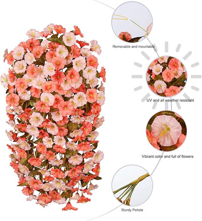 HyeFlora Artificial Fake Fall Hanging Flowers for Outdoor Decor, 2PCS Faux Silk Morning Glory Hanging Plants Mums Vine for Home Garden Wall Party Indoor Outside Decoration (Fall Orange+Light Orange)