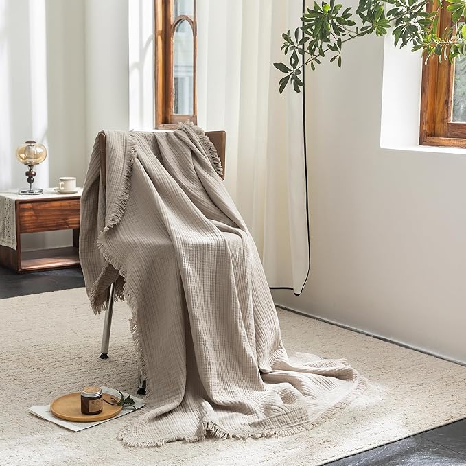 FOSSA Muslin Blanket with Fringe - 4-Layer 100% Cotton Gauze Super Soft & Breathable Throw -Lightweight Decorative Cooling Blanket for Bed, Sofa, Office (Beige Gray, Queen (90" × 90"))