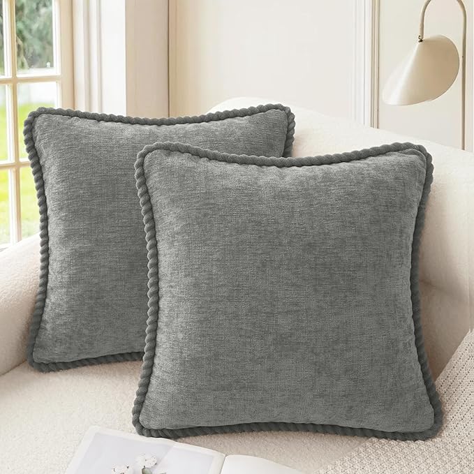 CaliTime Decorative Couch Throw Pillow Covers 18 X 18 Inches Pack of 2 Cozy Chenille Piping Edge Cushion Cases for Sofa Bed Living Room Home Medium Grey