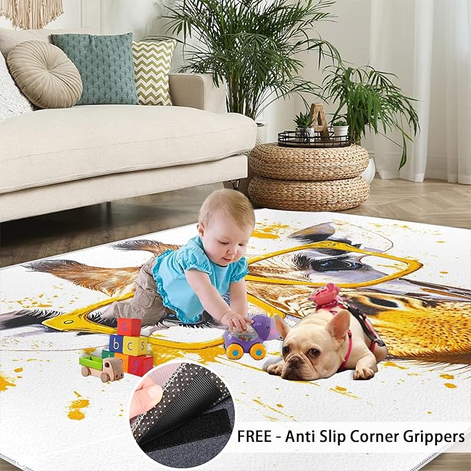 Giraffe 2x3 Area Rugs for Living Room, Funny Animals Washable Non Slip Rugs, Pop Art Low Pile Print Rug for Bedroom, Dining Room, Home Office
