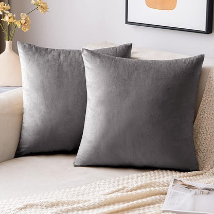 EMEMA Pack of 2 Velvet Throw Pillow Covers Decorative Square Pillowcase Soft Solid Cushion Case for Sofa Bedroom Chair Car 20x20 Inch Grey