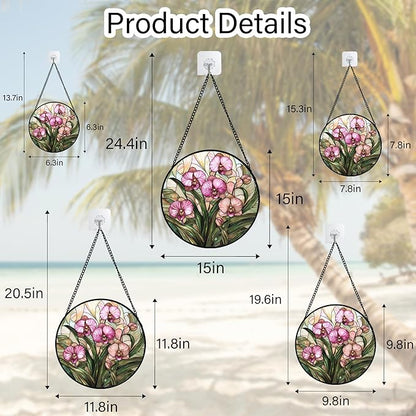Stained Glass Window Hanging - Pink Phalaenopsis Orchid Green Leaves Sun Catcher for Door Home Decor Flower Suncatcher Christmas Mother's Day Birthday Gifts for Women Men Mom Nana 9.8 in