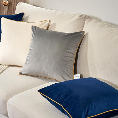 Aeckself Pack of 2 Gray Velvet Pillow Covers 20 x 20 Inch, Modern Luxury Decorative Pillowcase with Gold Trim Edge, Comfortable Soft Solid Cushion Case for Couch Bedroom Living Room