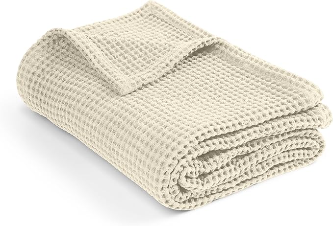 100% Cotton Waffle Blankets for Bed - Throw (50" x 60") Lightweight, Breathable and Soft, Waffle Weave Blanket for All-Season - Summer, Spring, Winter (Beige)