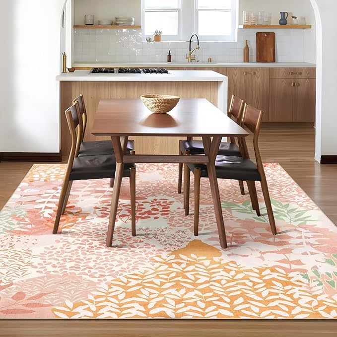 DEXDE 5x7 Area Rugs, Washable Non-Slip Abstract Boho Soft Rug for Living Room Bedroom,Leaves Floral Print Large Carpet for Entryway Playroom Office, Pink