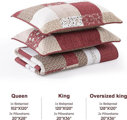 100% Cotton Oversized King Bedspread 120"x120" - Lightweight Vintage Country Quilt - 3 Piece California King Bedspreads Coverlet Set - Reversible Plaid Floral Bedding in Burgundy/Beige/Taupe/White