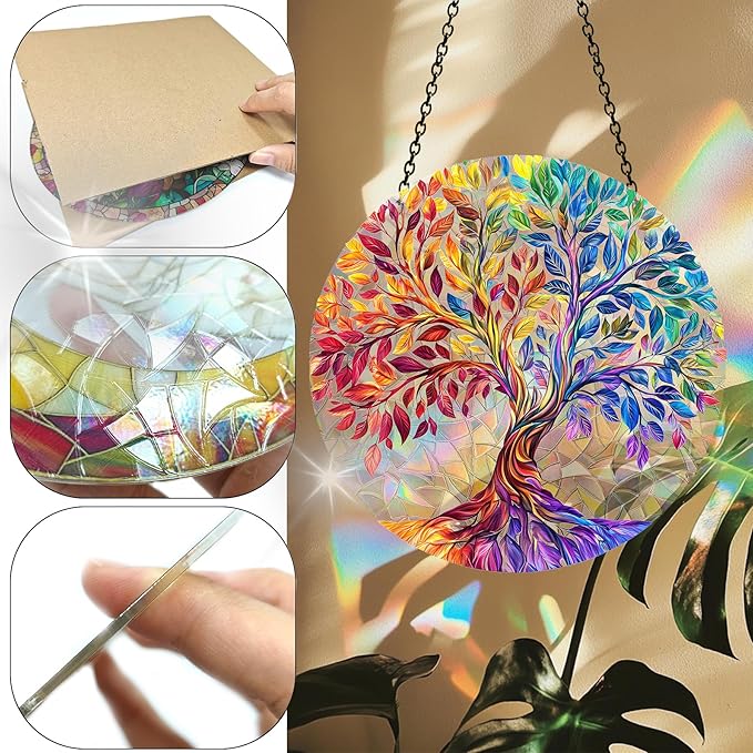 VAIIEYO Tree Acrylic Sun Catcher Window Hanging Decoration, 7.8 Inch Double-Sided Light Reflecting Plant Ornament for Window, Garden, Porch or Balcony Decor, Housewarming, Gift for Natural Lovers