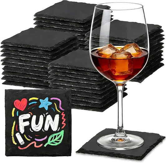 Slate Coasters, Black 4 Inch Bulk Blank Rock Coasters Blank Laser Engraving, Hand Painted DIY, Scratch Resistant Bottom (48 Square Coasters)
