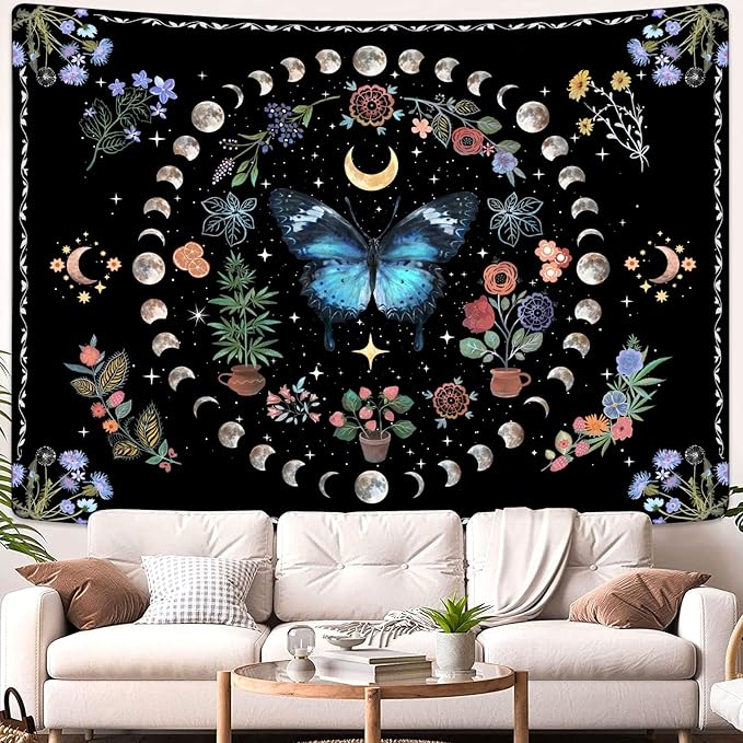 Fowocu Blue Butterfly Moon Flower Tapestry Boho Floral Plant Tapestries for Bedroom Aesthetic Nature Tapastry's Wall Hanging Mandala Botanical Wall Tapestry for Living Room Dorm (Blue, 48'' × 36'')
