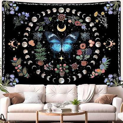 Fowocu Blue Butterfly Moon Flower Tapestry Boho Floral Plant Tapestries for Bedroom Aesthetic Nature Tapastry's Wall Hanging Mandala Botanical Wall Tapestry for Living Room Dorm (Blue, 48'' × 36'')