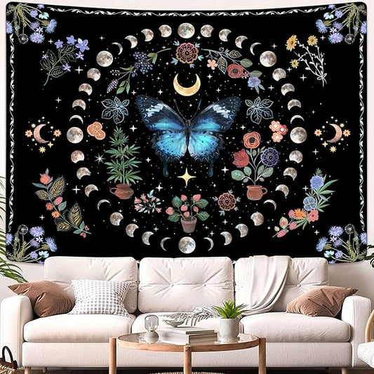 Fowocu Blue Butterfly Moon Flower Tapestry Boho Floral Plant Tapestries for Bedroom Aesthetic Nature Tapastry's Wall Hanging Mandala Botanical Wall Tapestry for Living Room Dorm (Blue, 48'' × 36'')