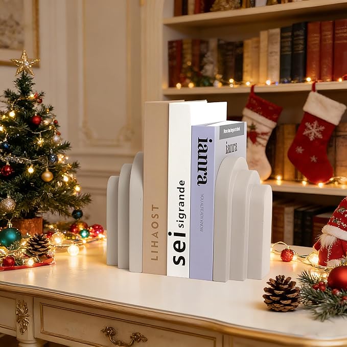Heavy Duty Book Ends for Shelves, Decorative Bookends for Heavy Books Set of 2, 6.6 LBS Modern Book Stopper for Home Decor, Bookshelf, Aesthetic Bookend with Layered Arch Design, Gray