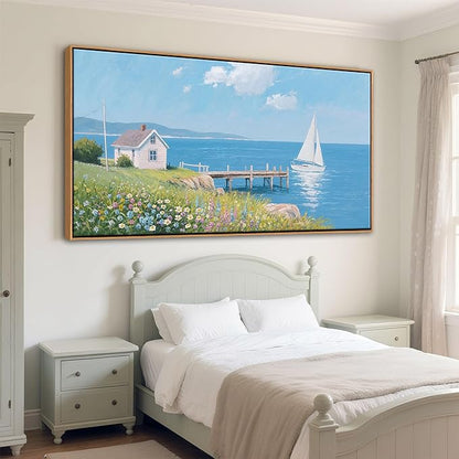 Coastal Pictures for Living Room, Beach Wall Art, Floral Wall Art Featuring Sailboat and Ocean Wall Decor, Nautical Framed Art for Bedroom or Above Bed Decor Large Artwork for Walls 20×40IN
