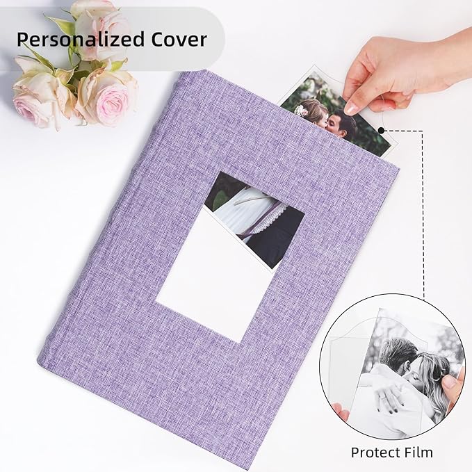 Vienrose Photo Album 4x6 300 Photos Linen Frame Cover with Memo Areas Photobook Large Capacity Slip-in Pictures Book for Wedding Baby Vacation, Purple