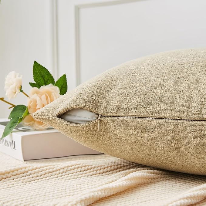 GAWAMAY Decorative Chenille Throw Pillow Covers 24x24 Inch Pack of 2, Soft Square Couch Pillow Cover for Sofa Cushion Living Room Bedroom Solid Dyed Pillowcases Khaki 60x60cm (ONLY Covers)
