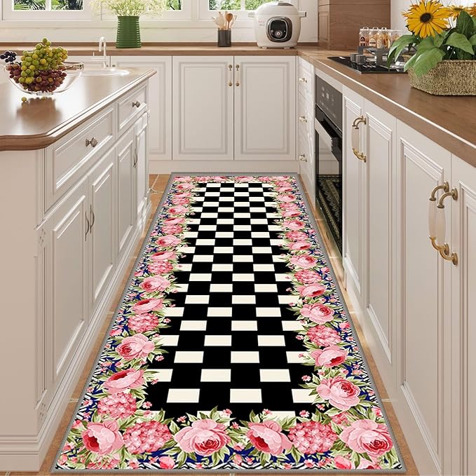 Checkered Floral Design Runner Rug for Entryway, 3.3x10ft, Pink Rose Luxury Fall Decor Area Carpets for Bedroom, Absorbent Machine Washable Shed Resistant Non-Slip Throw Rugs for Entry