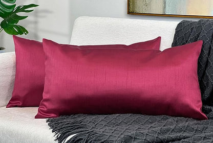 Aiking Home 12x24 Inches Faux Silk Rectangular Throw Pillow Cover, Zipper Closure, Burgundy (Set of 2)
