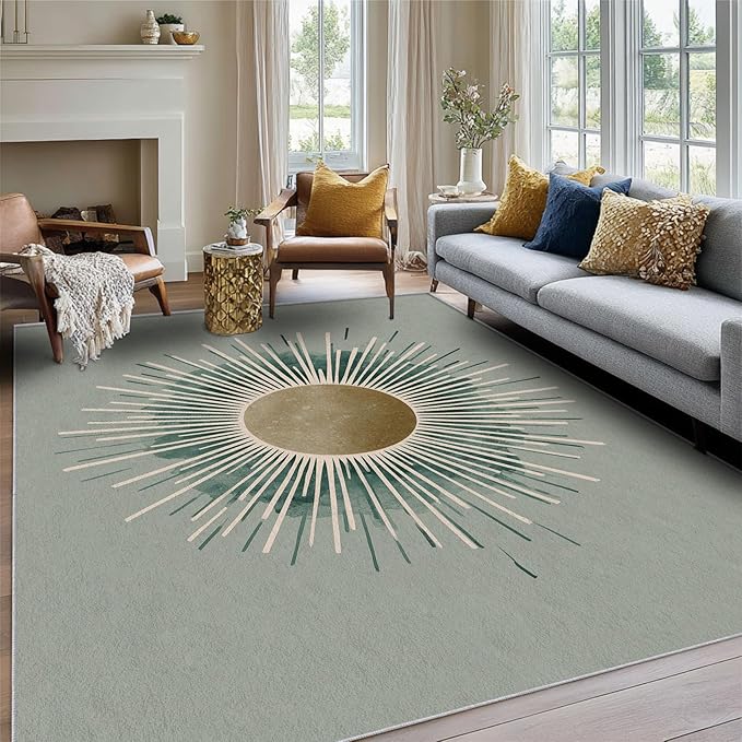 Sun Rug, 7x9 Area Rugs Boho Simple Minimalist Green Pattern for Living Room, Bedroom, Sun Home Decor Accessories Indoor Carpet, Non Slip & Machine Washable