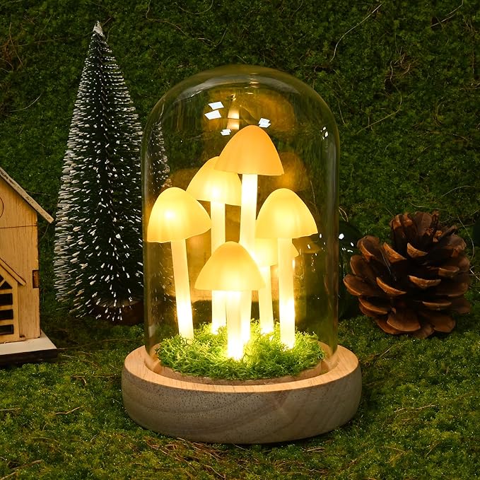 QUELIEN Christmas Mushroom Lamp in Glass Dome,Mushroom Gifts for Women - Warm White LED Night Light for Bedroom Decor,Unique Gifts for Women, Housewarming Birthday Decorations
