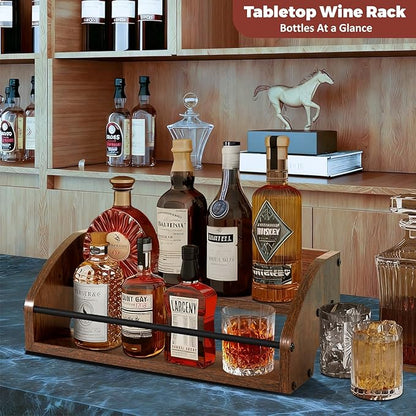 Rustic Wooden Countertop Organizer- Liquor Bottle Display Shelf, Coffee Syrup Rack, Mini bar, Liquor Cabinet, Home Retro Bar Shelf Stand for Liquor Whiskey, Spirits - Brown