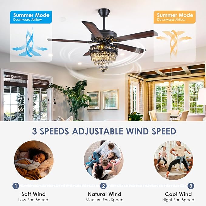 Asyko Crystal Ceiling Fan Fandelier with Lights - Modern Outdoor Fans with Remote Control，Noiseless AC Motor, Retro/Farmhouse Lighting, Dining Room， Living Room (52"