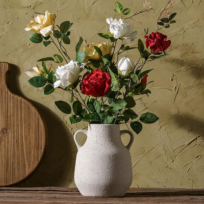 Vintage Farmhouse Flower Round Ceramic Vase with 2 Handles, Rustic Pampas Grass Vase, White Modern Decorative Flower Ceramic Vase for Home Decor, Table, Living Room Decoration, Office, 7.7 Inch