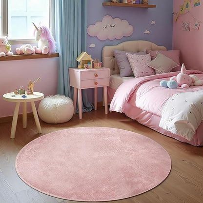 jinchan Solid Plush Round Rug 5ft Performance Shaggy Circle Rug 5' Round Washable Indoor Soft Modern Faux Wool Non Slip Carpet for Living Room Kids Room Bedroom Dining Room Pink
