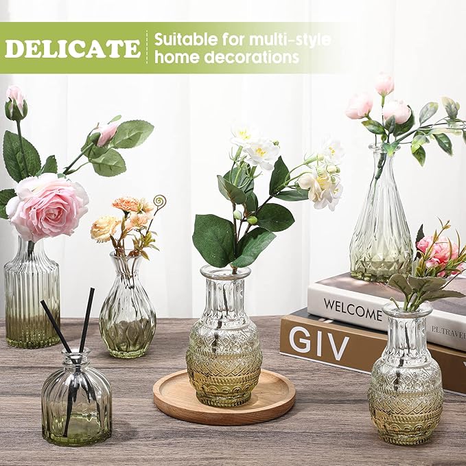 20 Pcs Glass Bud Vase Set Vintage Small Vases for Flowers in Bulk Cute Glass for Centerpieces Rustic Decorative for Wedding Table Home Christmas Decoration (Green)