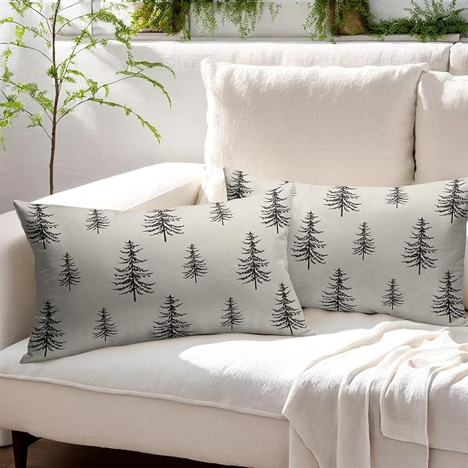 Christmas Tree Lumbar Pillow Covers 12x20 Set of 2 Black Xmas Vintage Winter Print Decorative Outdoor Linen Throw Pillows Cases Cushion Cover Rustic Holiday Decoration Farmhouse Sofa Couch Bed Decor
