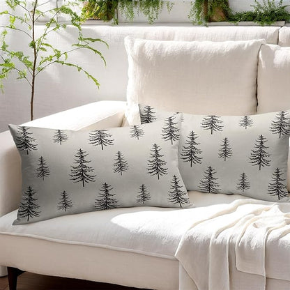 Christmas Tree Lumbar Pillow Covers 12x20 Set of 2 Black Xmas Vintage Winter Print Decorative Outdoor Linen Throw Pillows Cases Cushion Cover Rustic Holiday Decoration Farmhouse Sofa Couch Bed Decor