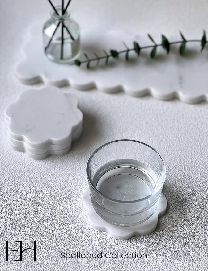 Marble Coasters Set of 4 - Natural Stone Coaster for Drinks, Modern Cup Holders, Bar Coffee Table Desk Decor, Cool Home Decor 4" (Calacatta White, Scalloped Round)