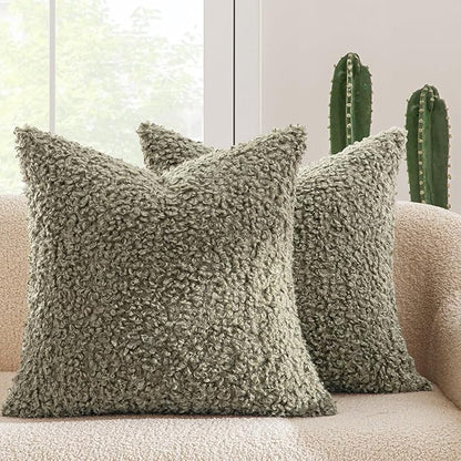 MIULEE Pack of 2 Throw Pillow Covers 20x20 Inch Sage Green Faux Fur Decorative Sherpa Spring Pillow Covers Fuzzy Accent Soft Sheepskin Fleece Cushion Cases for Boho Home Decor Couch Living Room Bed