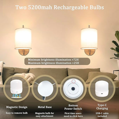Rechargeable Battery Operated Wall Sconces Set of 2 Wireless Wall Lights with Remote Control 12 RGB Colors Magnetic Bulbs 5200mAh Battery Wireless Sconces for Bedroom Living Room (Silver)