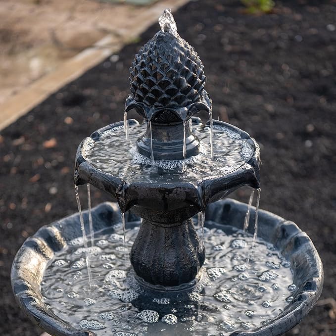 XBrand 44" H Black Fiberglass/Resin 2-Tier Solar Water Fountain with Auto-Shut Off Pump, Tall Outdoor Fountain, Two Tiered Birdbath