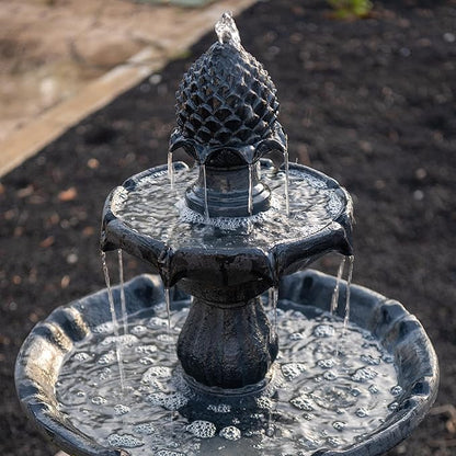XBrand 44" H Black Fiberglass/Resin 2-Tier Solar Water Fountain with Auto-Shut Off Pump, Tall Outdoor Fountain, Two Tiered Birdbath