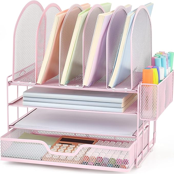 Desk Organizers and Accessories with Drawer, File Organizer with 5 Vertical File Holders and Pen Holders, Office Desk Accessories Workspace Desktop Organizers for Office Supplies (Pink)