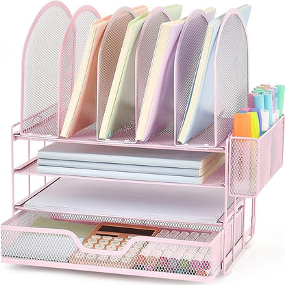 Desk Organizers and Accessories with Drawer, File Organizer with 5 Vertical File Holders and Pen Holders, Office Desk Accessories Workspace Desktop Organizers for Office Supplies (Pink)