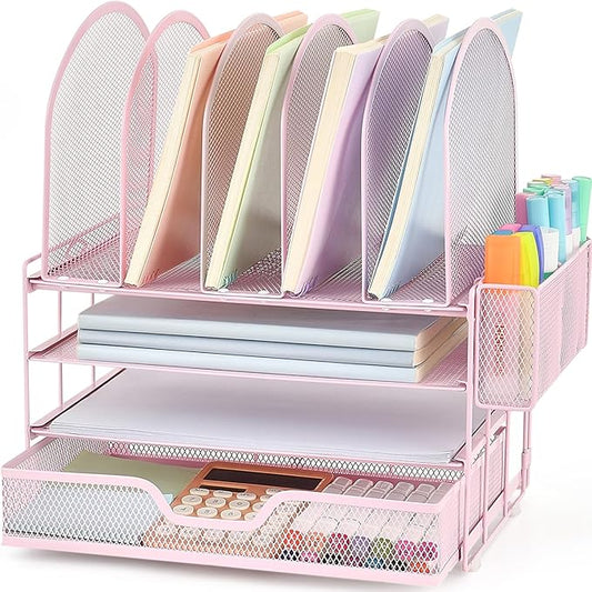 Desk Organizers and Accessories with Drawer, File Organizer with 5 Vertical File Holders and Pen Holders, Office Desk Accessories Workspace Desktop Organizers for Office Supplies (Pink)