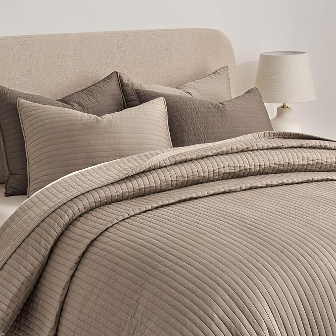 EVERGRACEHOME Cotton Sateen Quilt Set Queen Size, Pre-Washed Cotton Channel Stitch Coverlet Bedspread, 3 Pieces Lightweight Soft Bedding Sets for All Season, with 2 Pillow Shams, Stone Taupe
