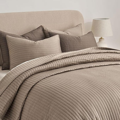 EVERGRACEHOME Cotton Sateen Quilt Set Queen Size, Pre-Washed Cotton Channel Stitch Coverlet Bedspread, 3 Pieces Lightweight Soft Bedding Sets for All Season, with 2 Pillow Shams, Stone Taupe