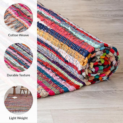 HOMEMONDE Multicolor Rag Rug with Tessels - 4'x6' Reversible Handcrafted Cotton Chindi Area Rug Vibrant Boho Home Decor for Bedroom, Living Room, Dining Room, Laundry Room